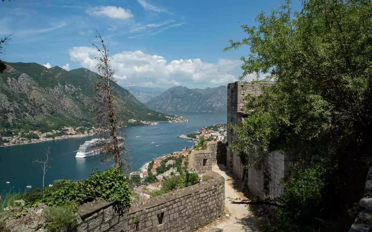 Kotor sea yacht mountains view